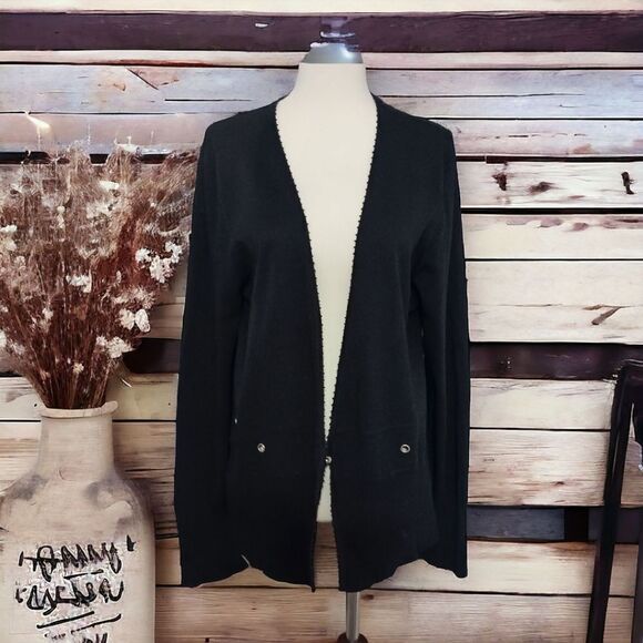 Carducci Cardigan XL Sweater Black Rib Knit Long Sleeve Beaded Neckline Grommets - Picture 11 of 16